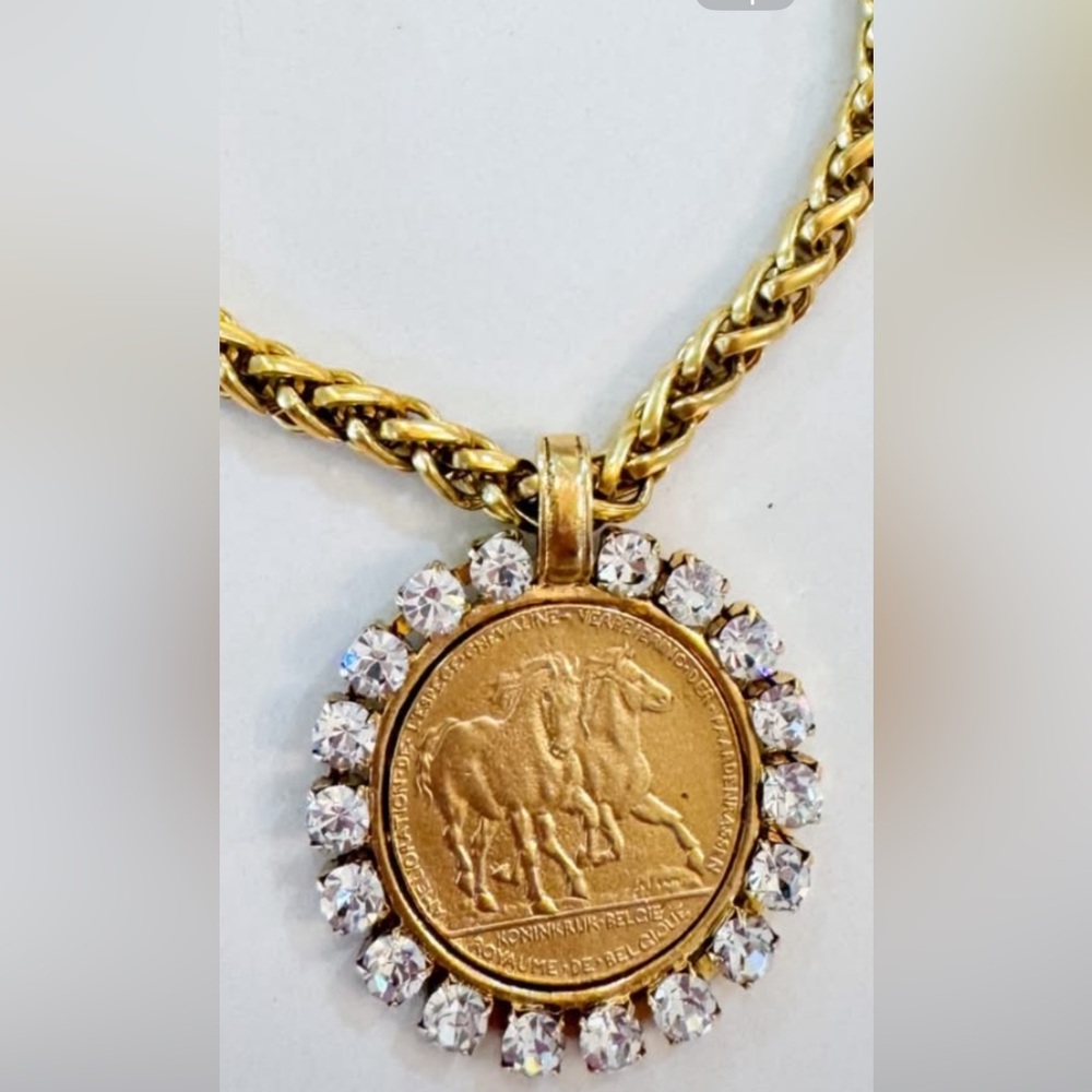 Gold Rhinestone Horse Coin Necklace Handmade 22K Gold Plated